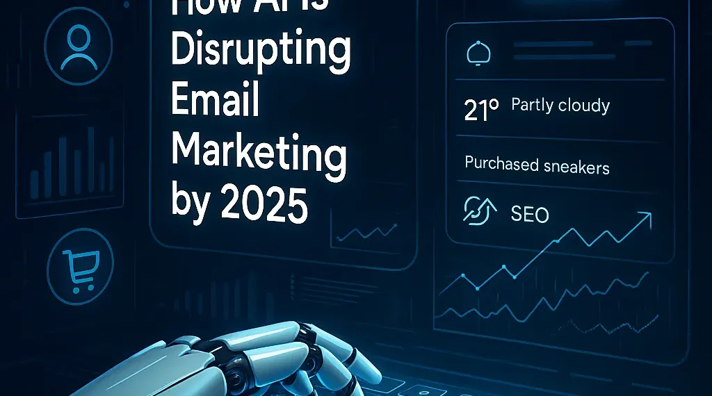 A digital illustration showing AI technology transforming email marketing in 2025, featuring futuristic UI elements, personalized emails, and machine learning icons