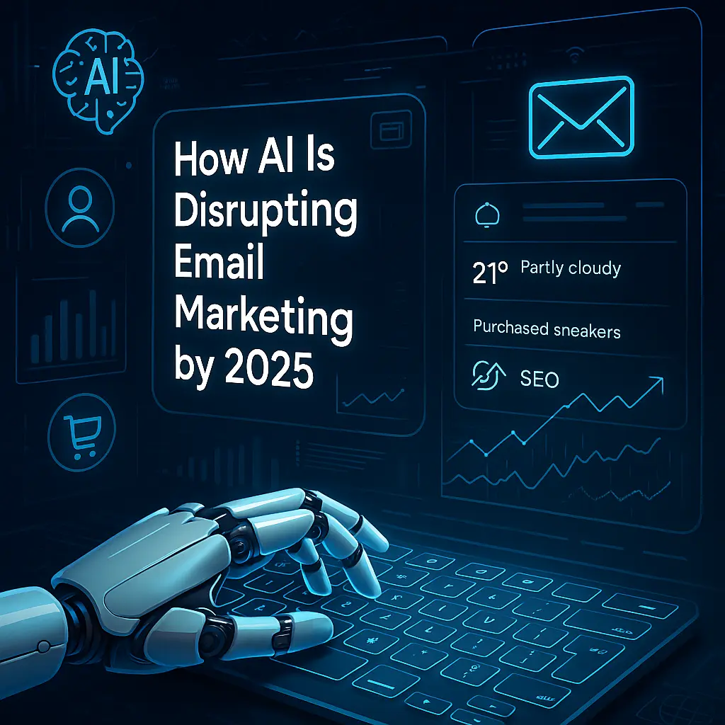 A digital illustration showing AI technology transforming email marketing in 2025, featuring futuristic UI elements, personalized emails, and machine learning icons