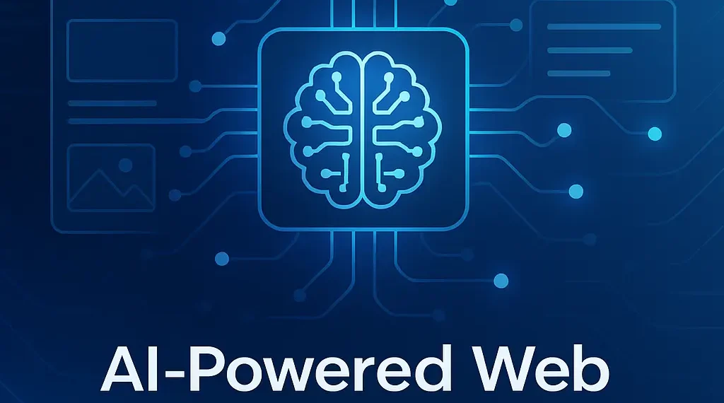 Illustration of AI-powered tools designing a modern website interface on multiple devices including desktop and mobile