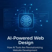 Illustration of AI-powered tools designing a modern website interface on multiple devices including desktop and mobile