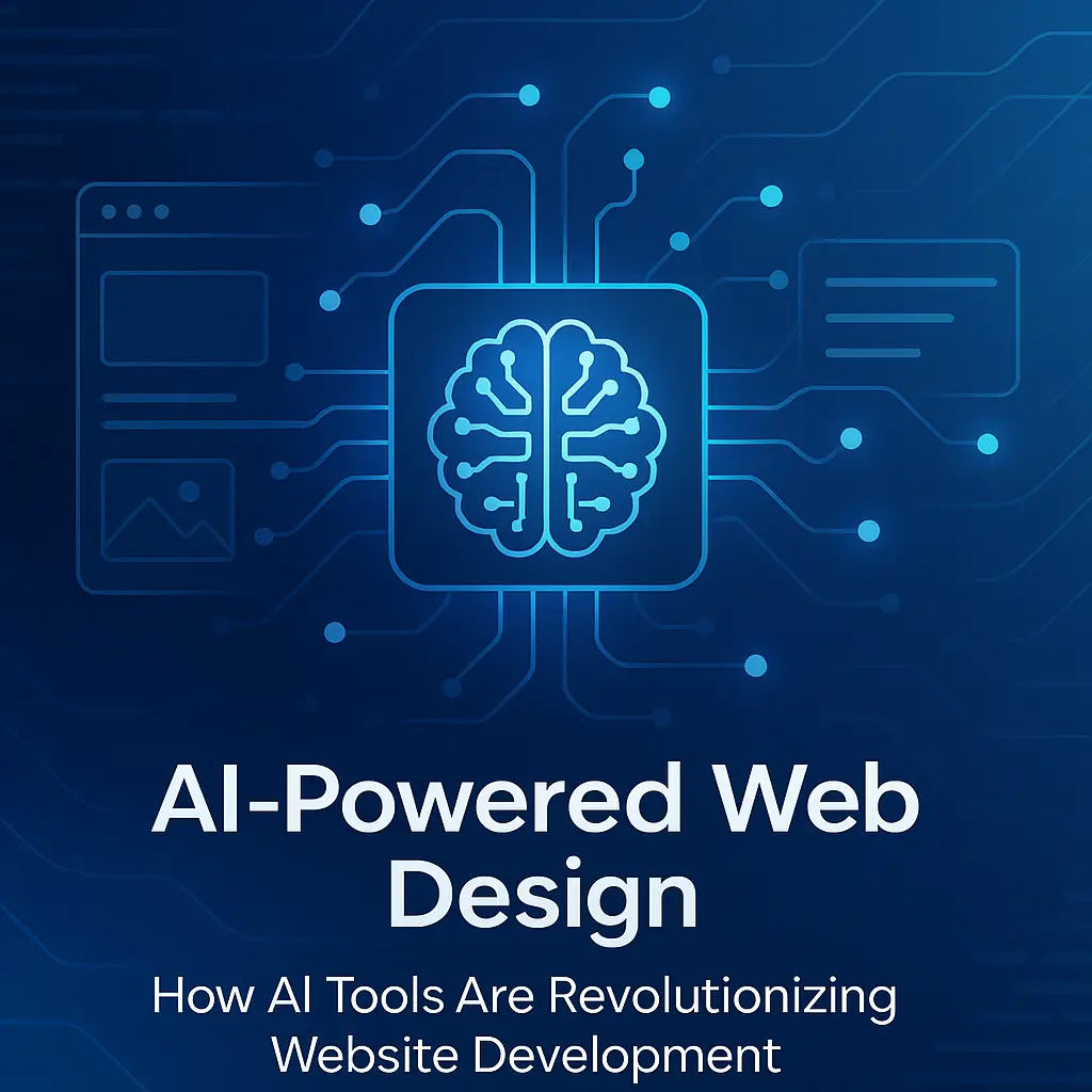 Illustration of AI-powered tools designing a modern website interface on multiple devices including desktop and mobile