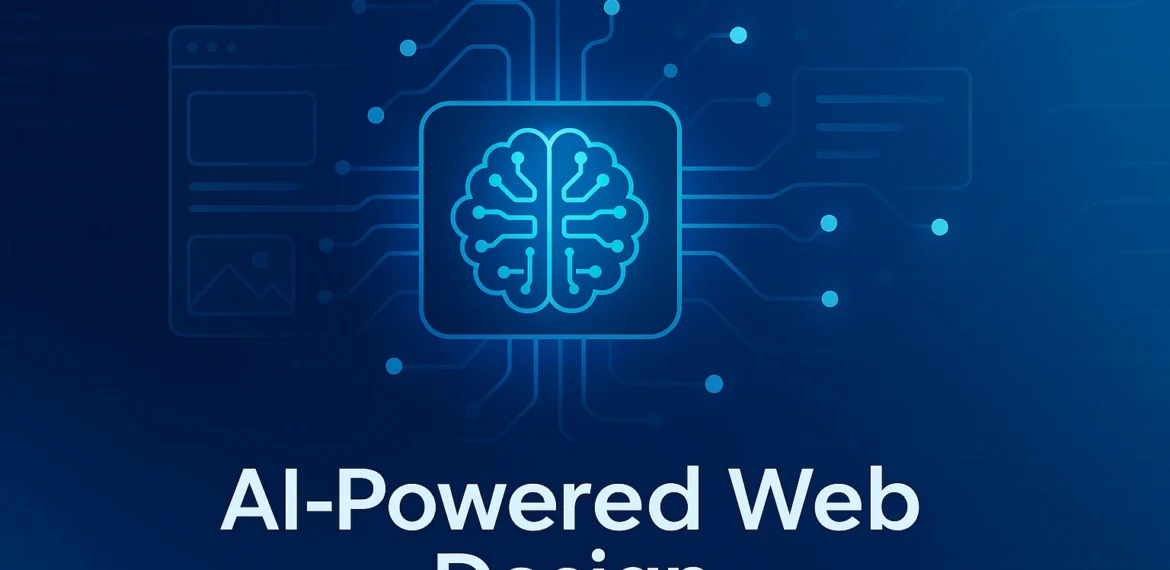 Illustration of AI-powered tools designing a modern website interface on multiple devices including desktop and mobile