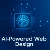 Illustration of AI-powered tools designing a modern website interface on multiple devices including desktop and mobile
