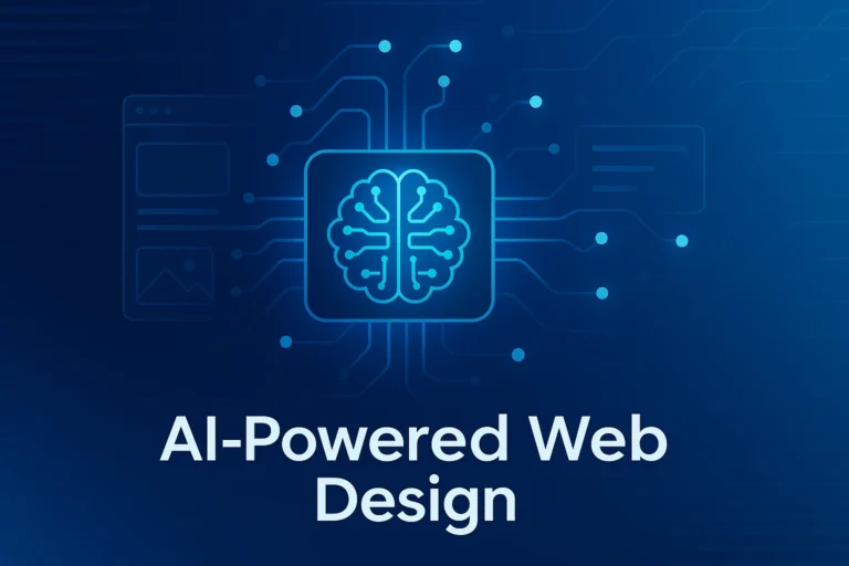 Illustration of AI-powered tools designing a modern website interface on multiple devices including desktop and mobile