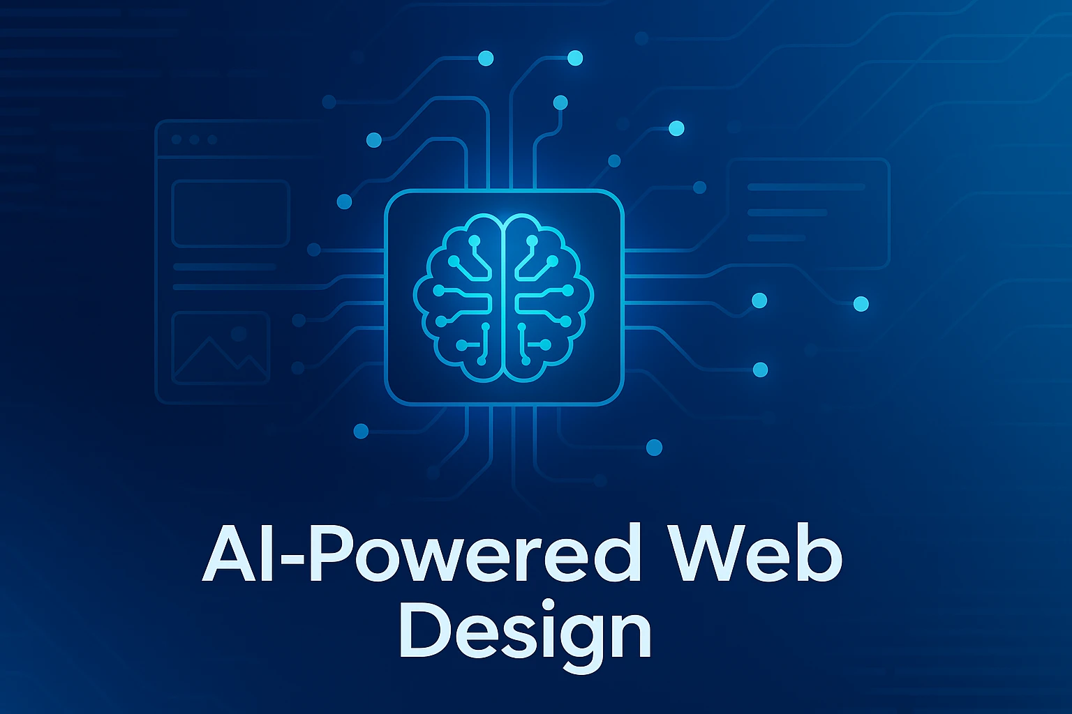 Illustration of AI-powered tools designing a modern website interface on multiple devices including desktop and mobile