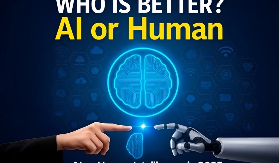 Digital illustration showing a human brain and an AI circuit board head-to-head, symbolizing the competition between human and AI content for SEO dominance in 2025.