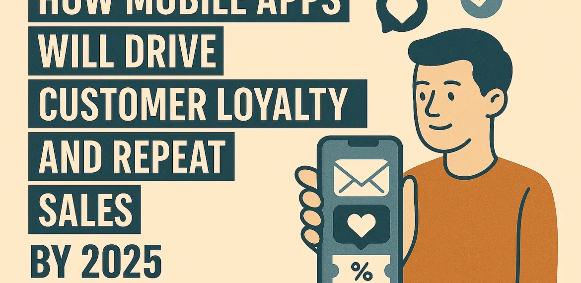 Illustration of a person launching your first mobile app, surrounded by app icons, smartphone interface, and gear settings—symbolizing the step-by-step mobile app development process in 2025.