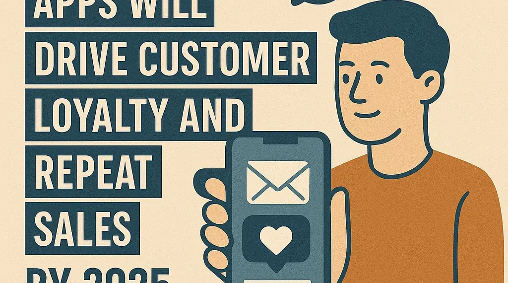 Illustration of a man holding a smartphone with icons representing email, loyalty, and discounts, alongside bold text reading "How Mobile Apps Will Drive Customer Loyalty and Repeat Sales by 2025".