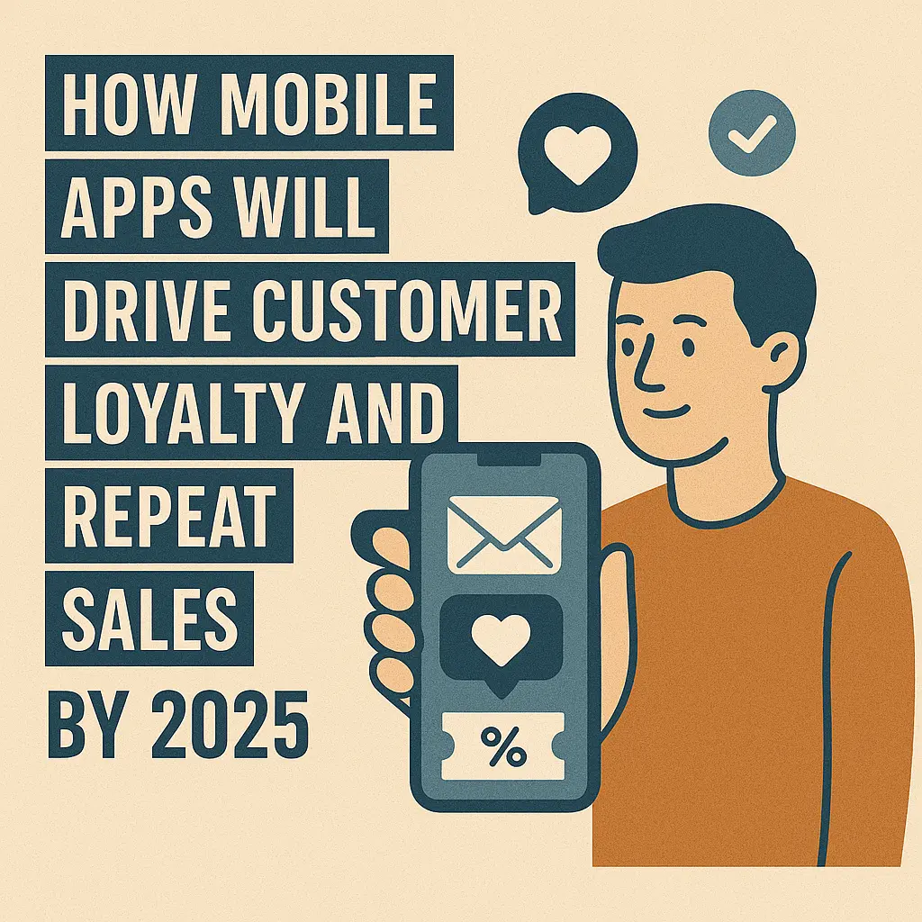Illustration of a man holding a smartphone with icons representing email, loyalty, and discounts, alongside bold text reading "How Mobile Apps Will Drive Customer Loyalty and Repeat Sales by 2025".