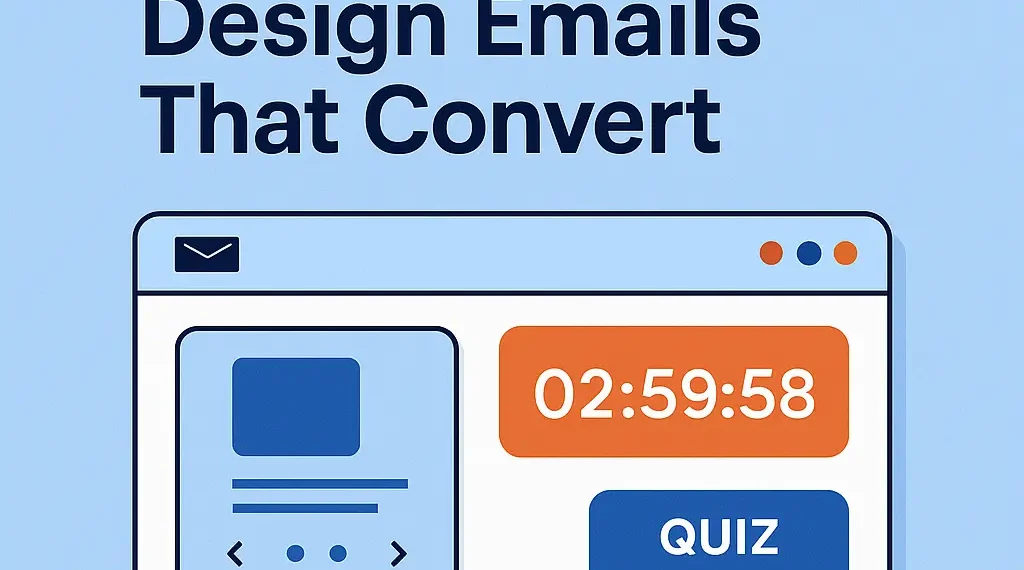 Illustration of an interactive marketing email with product slider, countdown timer, poll, and quiz