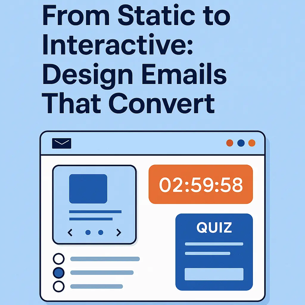 Illustration of an interactive marketing email with product slider, countdown timer, poll, and quiz