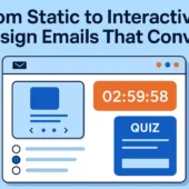 Illustration of an interactive marketing email with product slider, countdown timer, poll, and quiz