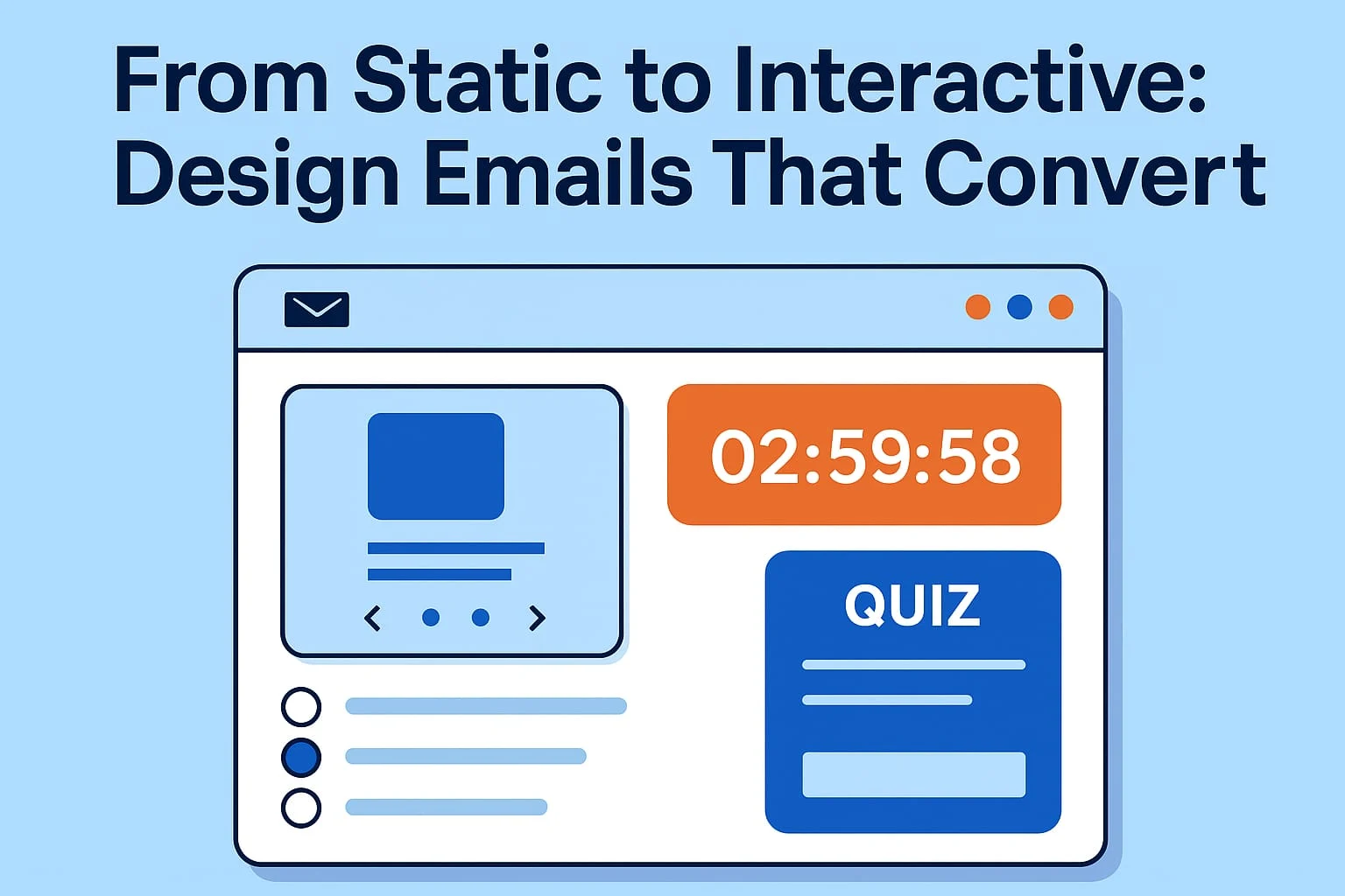Illustration of an interactive marketing email with product slider, countdown timer, poll, and quiz
