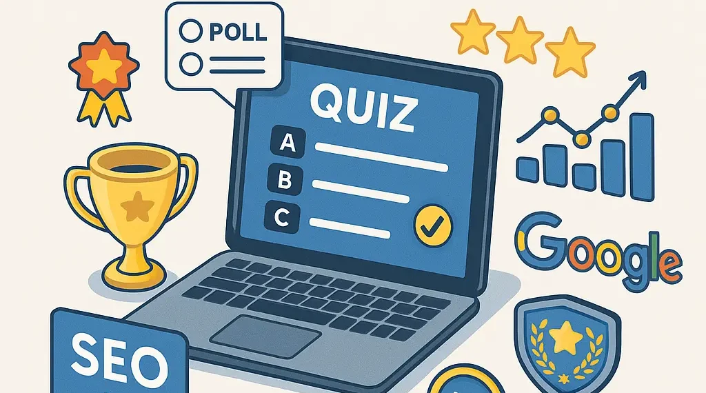 Illustration of gamified SEO elements like quizzes, polls, badges, and engagement metrics influencing Google search rankings in 2025.