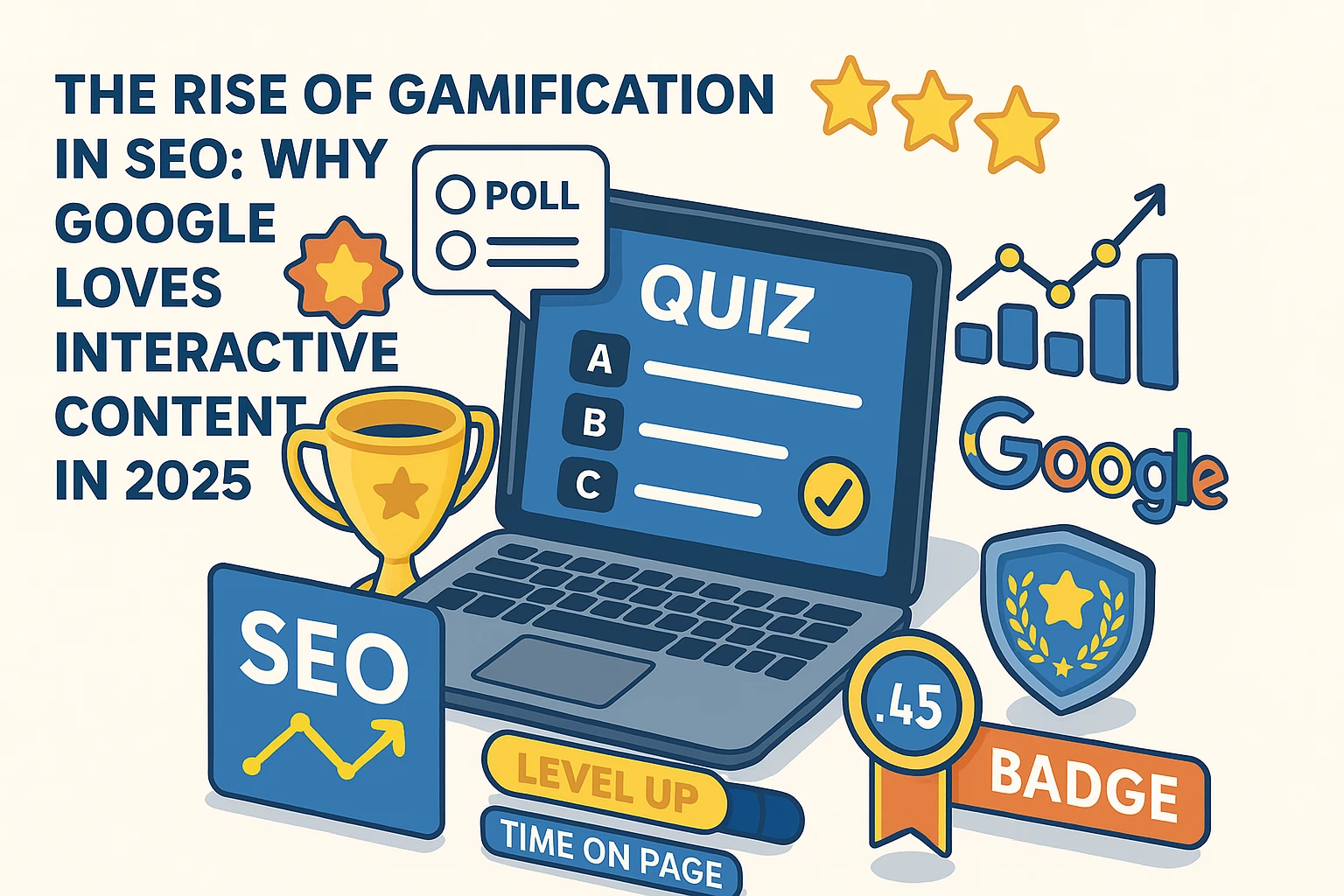 Illustration of gamified SEO elements like quizzes, polls, badges, and engagement metrics influencing Google search rankings in 2025.