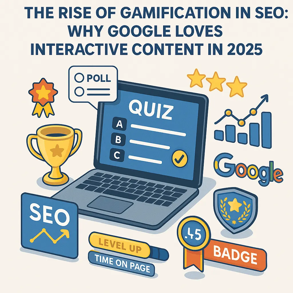 Google Maps SEO in 2025: How to Rank Top in Local Search Results 4 Illustration of gamified SEO elements like quizzes, polls, badges, and engagement metrics influencing Google search rankings in 2025.