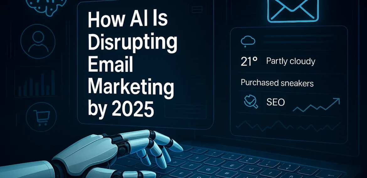 A digital illustration showing AI technology transforming email marketing in 2025, featuring futuristic UI elements, personalized emails, and machine learning icons