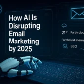 A digital illustration showing AI technology transforming email marketing in 2025, featuring futuristic UI elements, personalized emails, and machine learning icons