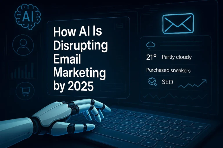 A digital illustration showing AI technology transforming email marketing in 2025, featuring futuristic UI elements, personalized emails, and machine learning icons