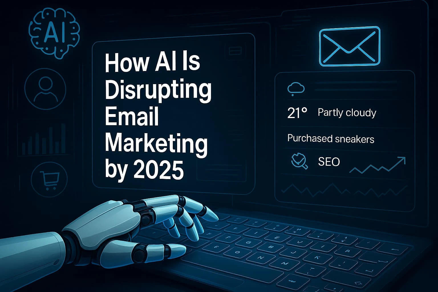 A digital illustration showing AI technology transforming email marketing in 2025, featuring futuristic UI elements, personalized emails, and machine learning icons