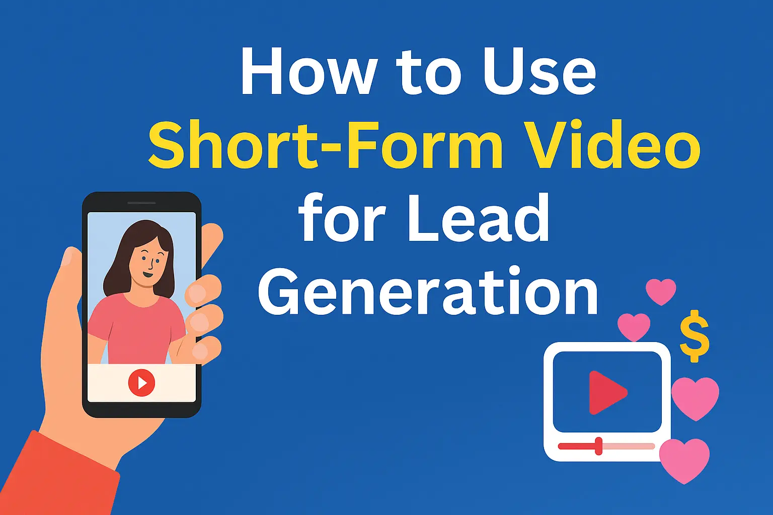 Thumbnail image for blog post titled 'How to Use Short-Form Video for Lead Generation' showing a smartphone with social media icons, a play button, and digital graphs representing video analytics and audience growth.