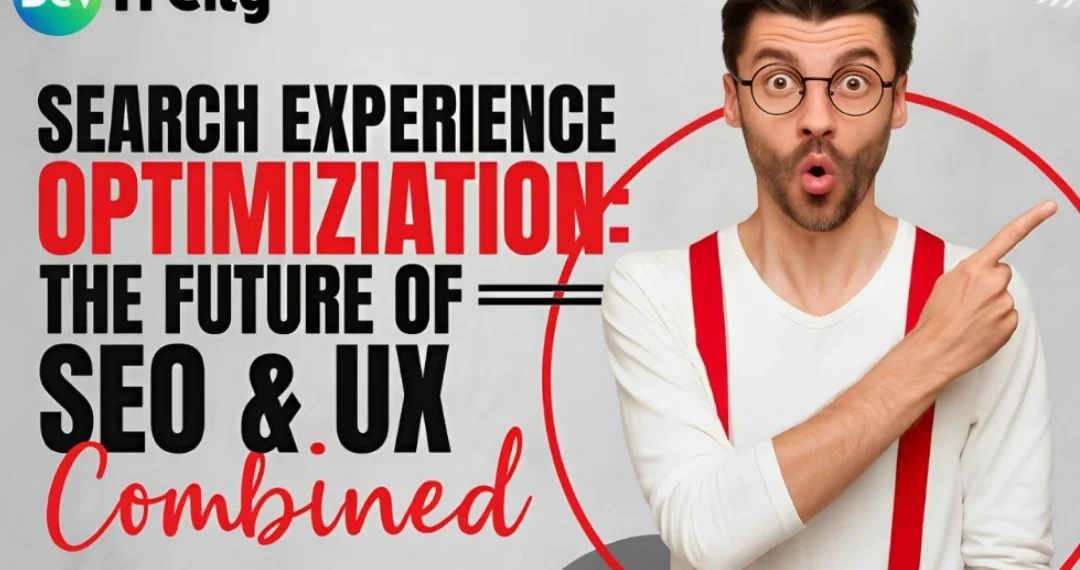 Illustration of SXO concept combining SEO, UX, and CRO elements with modern digital interface design, search bar, and happy users interacting with a website on mobile and desktop.