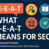 Illustration showing SEO elements labeled Experience, Expertise, Authoritativeness, and Trust in 2025 digital search landscape.