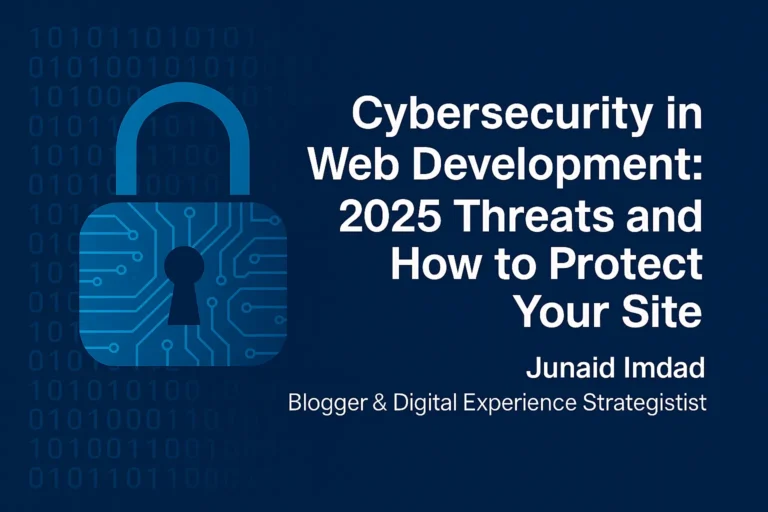 Digital padlock symbol with binary code background and blog title "Cybersecurity in Web Development: 2025 Threats and How to Protect Your Site" by Junaid Imdad