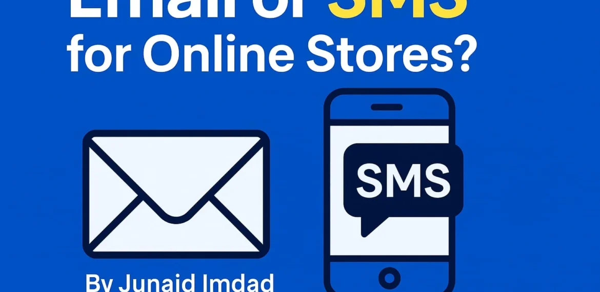 Thumbnail illustration comparing Email Marketing vs. SMS Marketing for online stores, featuring stylized icons of a smartphone and an email envelope, highlighting key differences and usage scenarios.