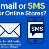 Thumbnail illustration comparing Email Marketing vs. SMS Marketing for online stores, featuring stylized icons of a smartphone and an email envelope, highlighting key differences and usage scenarios.