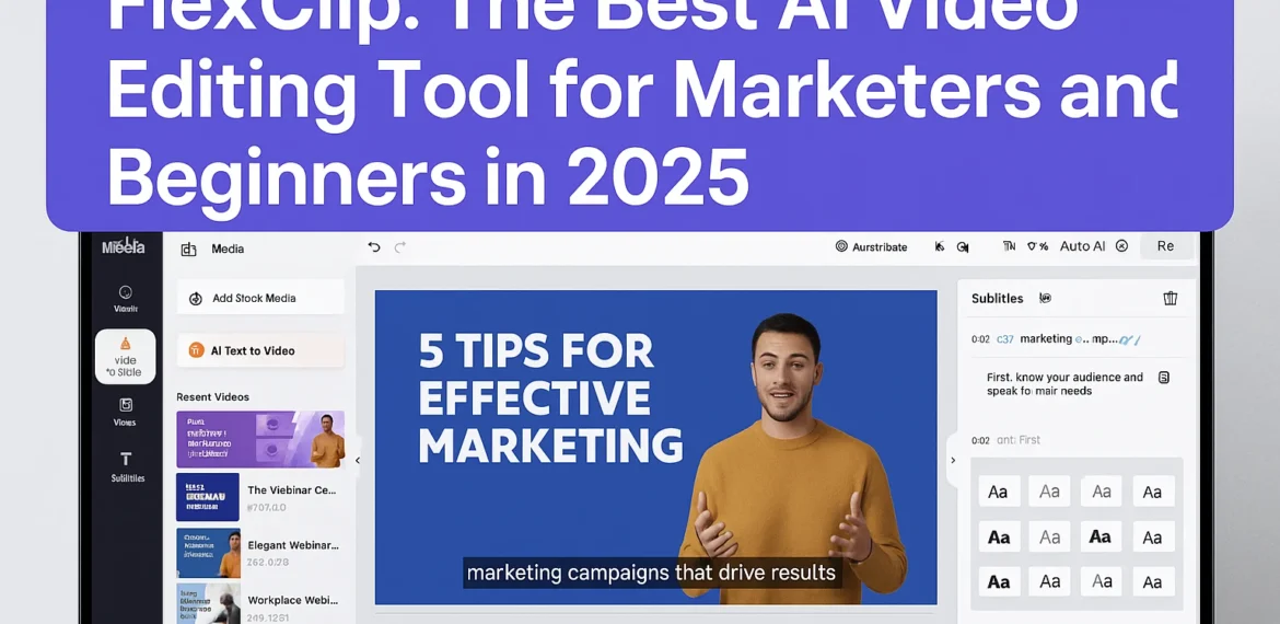 FlexClip AI video editing dashboard showcasing drag-and-drop features, text-to-video, and auto subtitles – the best AI video editing tool for marketers and beginners in 2025.