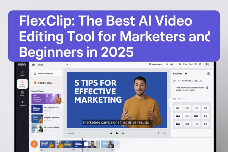 FlexClip AI video editing dashboard showcasing drag-and-drop features, text-to-video, and auto subtitles – the best AI video editing tool for marketers and beginners in 2025.