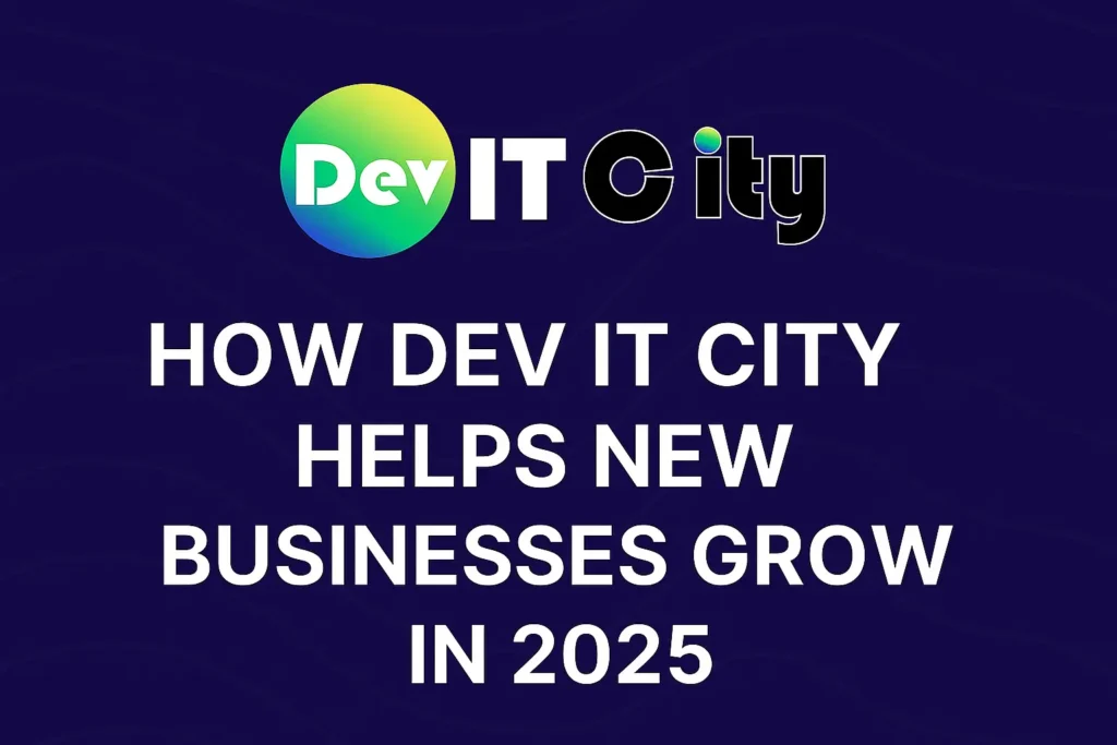 Promotional thumbnail image for Dev IT City featuring a modern gradient circular logo with the text "Dev IT City" in bold black font on a clean white background, representing technology and digital growth services.