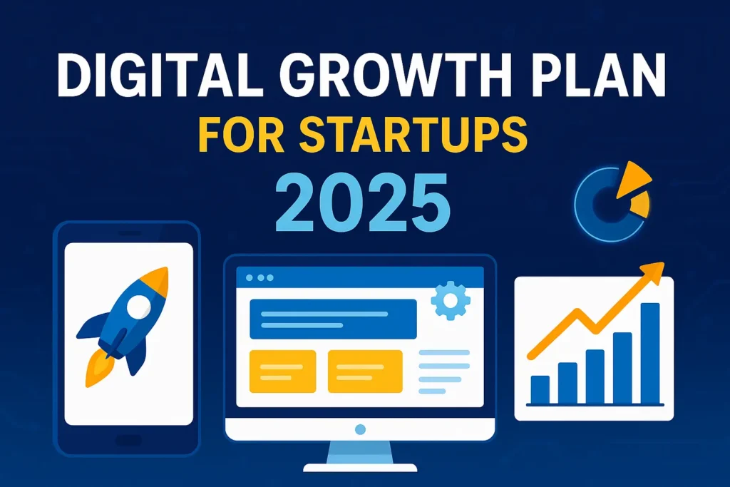 Digital growth plan illustration featuring mobile app, website, and marketing icons representing startup success in 2025.