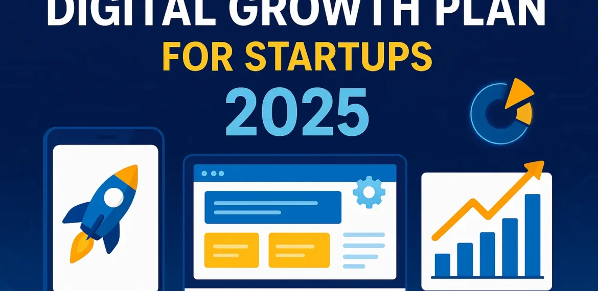 Digital growth plan illustration featuring mobile app, website, and marketing icons representing startup success in 2025.