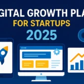 Digital growth plan illustration featuring mobile app, website, and marketing icons representing startup success in 2025.