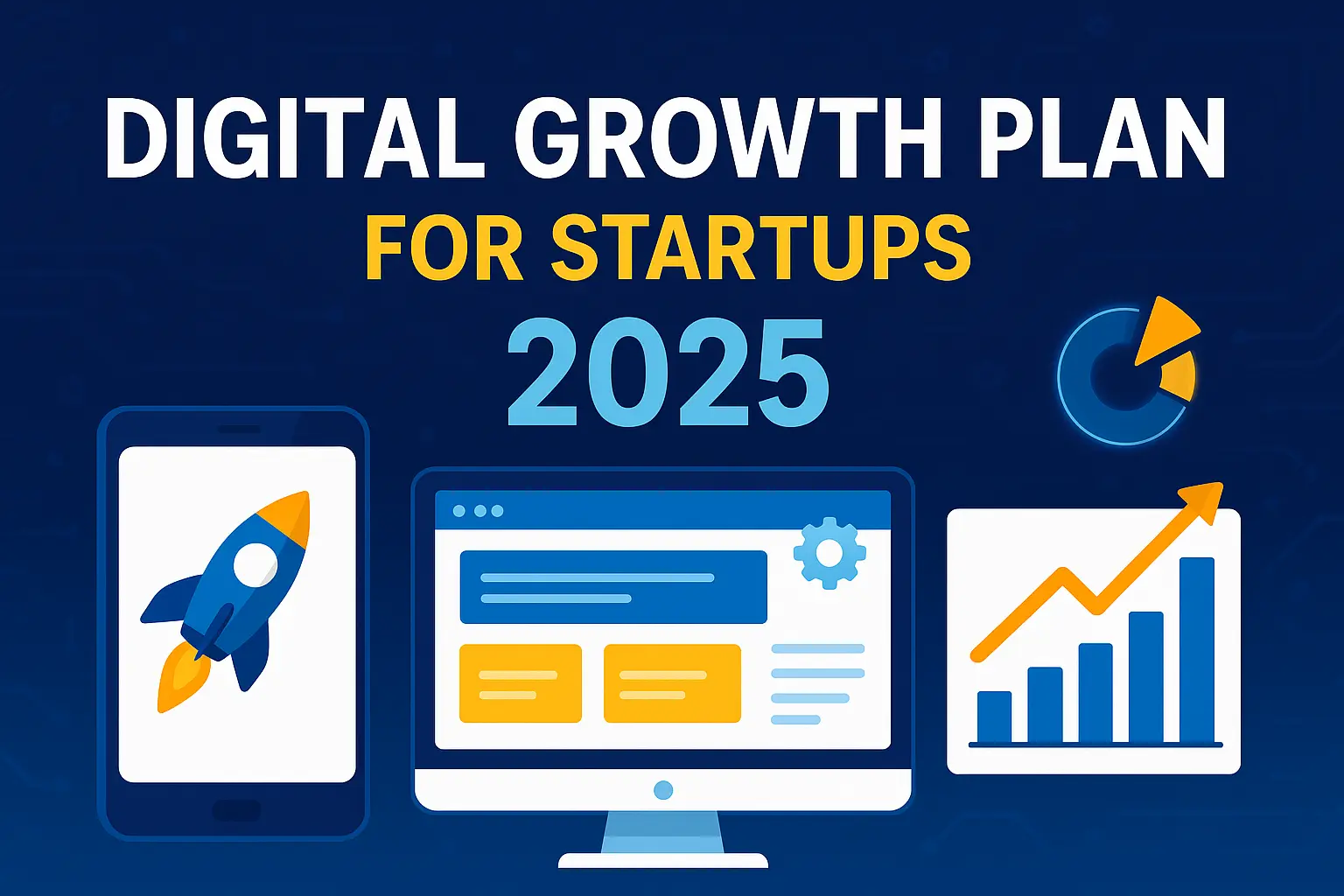 Digital growth plan illustration featuring mobile app, website, and marketing icons representing startup success in 2025.