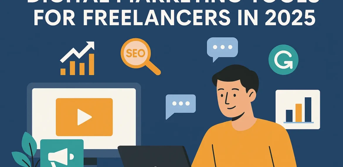 A flat-style digital illustration of top digital marketing tools for freelancers in 2025, featuring a laptop, analytics dashboard, SEO icons, and social media elements in a clean 3:2 horizontal layout.
