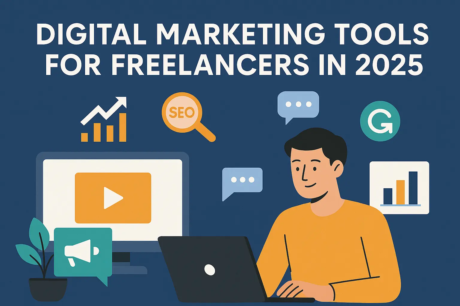 A flat-style digital illustration of top digital marketing tools for freelancers in 2025, featuring a laptop, analytics dashboard, SEO icons, and social media elements in a clean 3:2 horizontal layout.