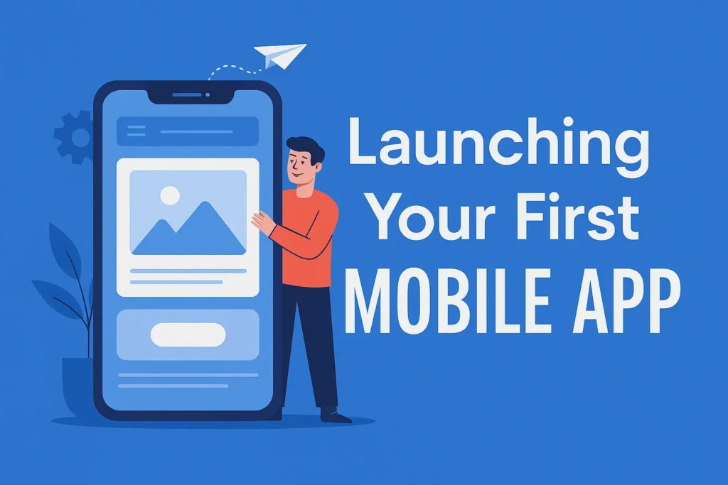 Illustration of a person showing launching your first mobile app, surrounded by app icons, smartphone interface, and gear settings—symbolizing the step-by-step mobile app development process in 2025.