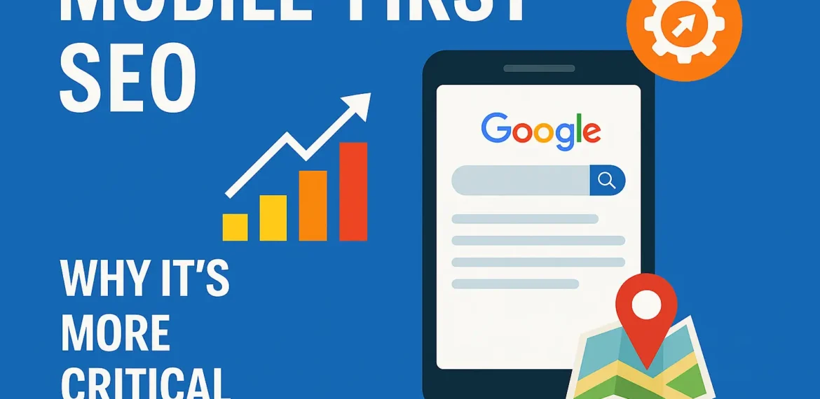 Mobile-First SEO illustration featuring a smartphone with a Google search interface, growth chart, map pin, and SEO gear icon on a blue background.