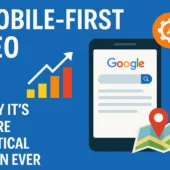 Mobile-First SEO illustration featuring a smartphone with a Google search interface, growth chart, map pin, and SEO gear icon on a blue background.