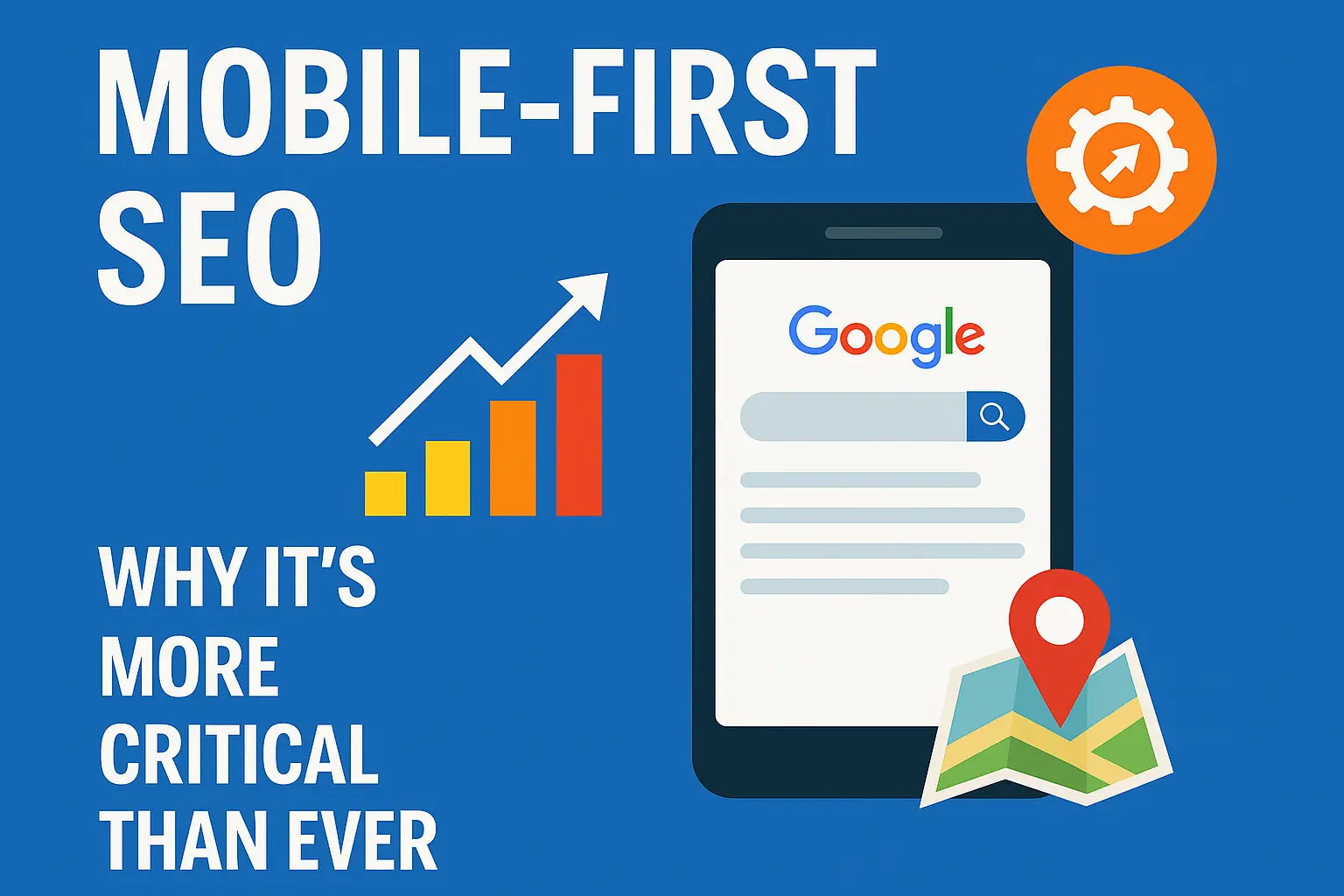 Mobile-First SEO illustration featuring a smartphone with a Google search interface, growth chart, map pin, and SEO gear icon on a blue background.