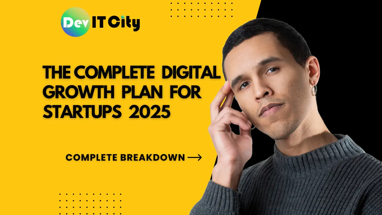 Digital growth plan illustration featuring mobile app, website, and marketing icons representing startup success in 2025.