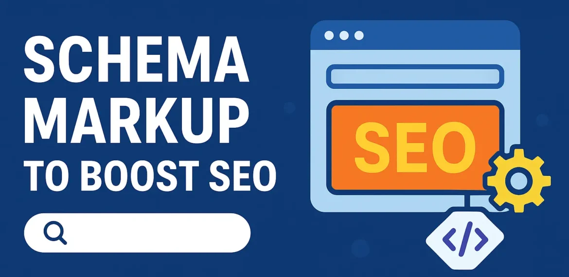 Horizontal 3:2 thumbnail design for blog on Schema Markup to Boost SEO, featuring modern digital elements and search engine icons.