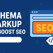 Horizontal 3:2 thumbnail design for blog on Schema Markup to Boost SEO, featuring modern digital elements and search engine icons.