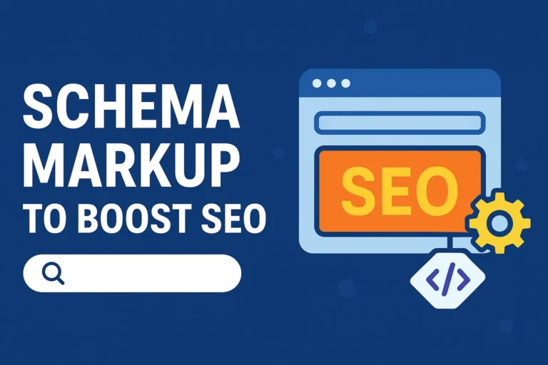 Horizontal 3:2 thumbnail design for blog on Schema Markup to Boost SEO, featuring modern digital elements and search engine icons.