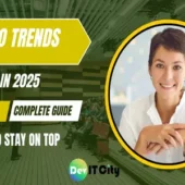 A horizontal 3:2 digital thumbnail featuring a magnifying glass with the text “SEO” inside, surrounded by icons like a chart, webpage, and gear. To the right, bold text reads “Top SEO Trends in 2025 You Can’t Afford to Ignore” in white and orange on a dark blue background.