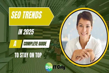 A horizontal 3:2 digital thumbnail featuring a magnifying glass with the text “SEO” inside, surrounded by icons like a chart, webpage, and gear. To the right, bold text reads “Top SEO Trends in 2025 You Can’t Afford to Ignore” in white and orange on a dark blue background.