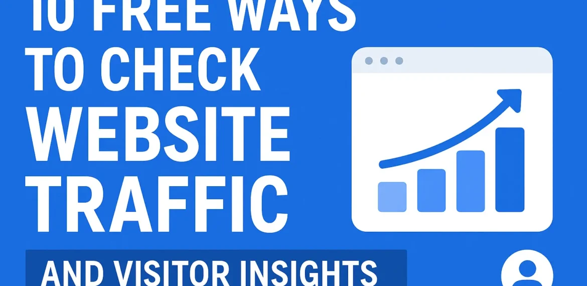10 Free Ways to Check Website Traffic and Visitor Insights 1 Horizontal thumbnail graphic with bold text '10 Free Ways to Check Website Traffic and Visitor Insights' on a clean modern background featuring website analytics icons, charts, and graphs.